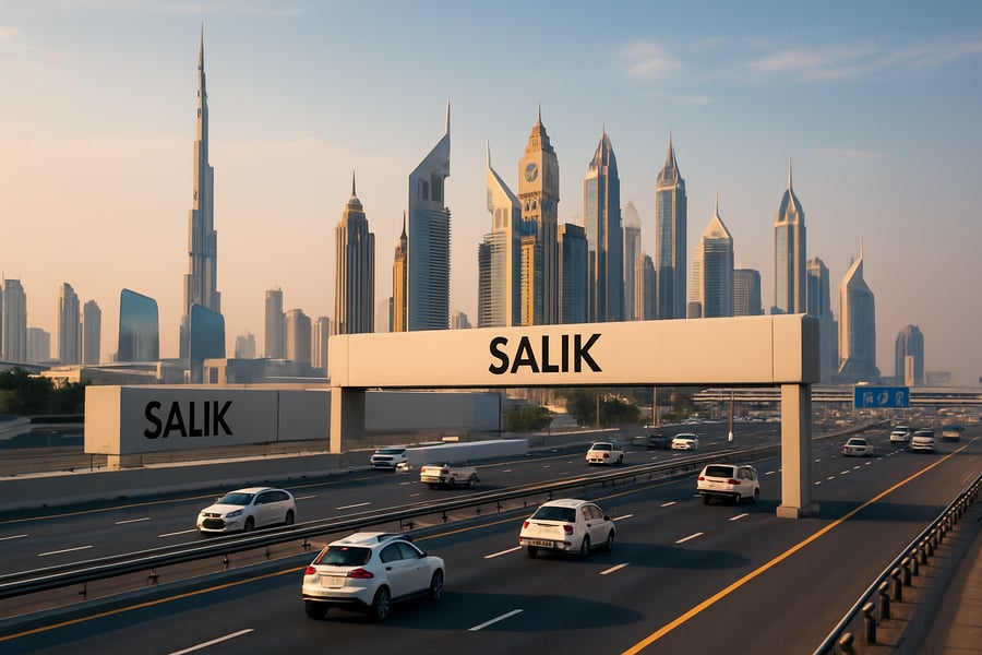 Dubai skyline with toll road and vehicles Dubai skyline with toll road and vehicles